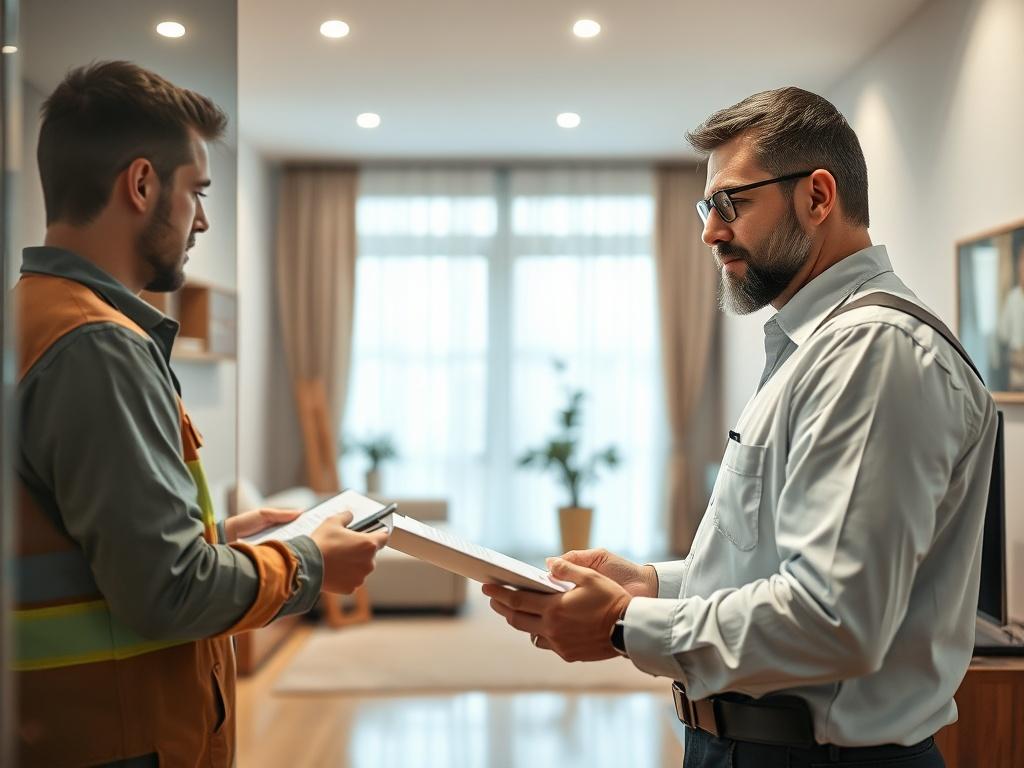 A property manager inspecting a rental unit, holding a clipboard and discussing maintenance issues with a contractor. The setting is a well-maintained apartment with modern amenities. The focus is on the manager's attentive expression, symbolizing thoroughness and care for the property.