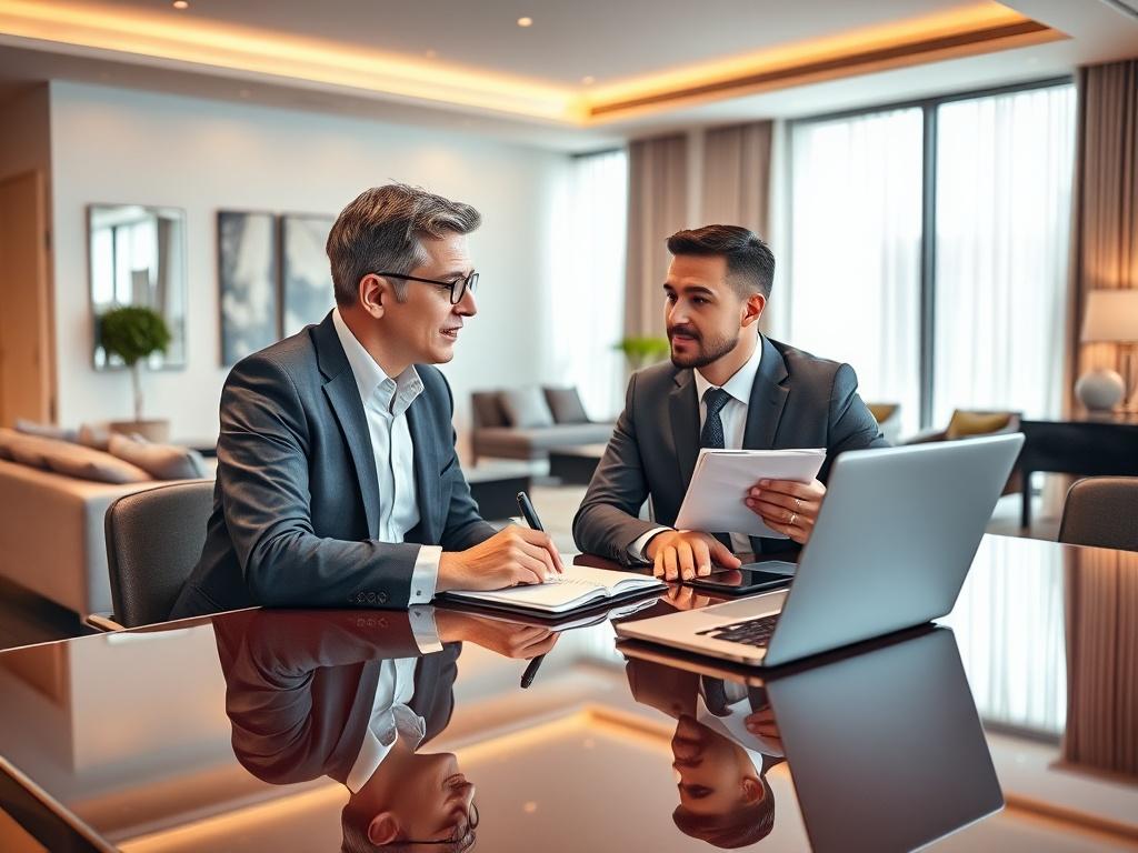 A professional property manager conducting a tenant interview in a well-lit, modern rental property. The manager is dressed in business attire, sitting at a sleek table with a laptop open, and a notepad in hand. The background shows a stylish living room with elegant furnishings. The image captures a sense of professionalism and trustworthiness.