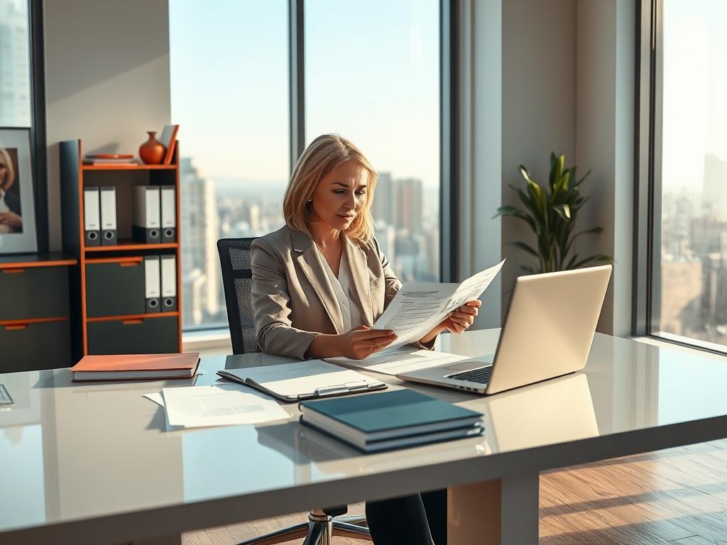 A well-organized office setting with a professional property manager reviewing legal documents related to property management. The manager, a middle-aged woman, is seated at a sleek, modern desk, surrounded by neatly arranged files and a laptop open displaying spreadsheets. Natural light floods the room through a large window with a view of a city skyline, symbolizing growth and stability. The color palette should incorporate the primary color rgb(166, 84, 50) in the accents of the room.