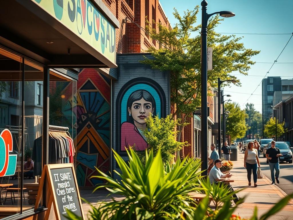 A vibrant street scene in Plaza Midwood, Charlotte, NC, capturing the essence of this trendy neighborhood.