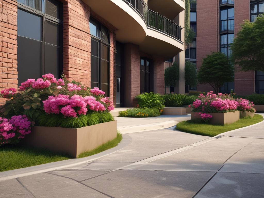 A close-up of a well-maintained apartment complex entrance, showcasing lush landscaping and inviting architecture. The focus is sharp on the entrance with vibrant flowers and greenery surrounding it, emphasizing a welcoming atmosphere. The background is softly blurred, drawing attention to the property details, captured with a 45mm f/1.2 lens style.