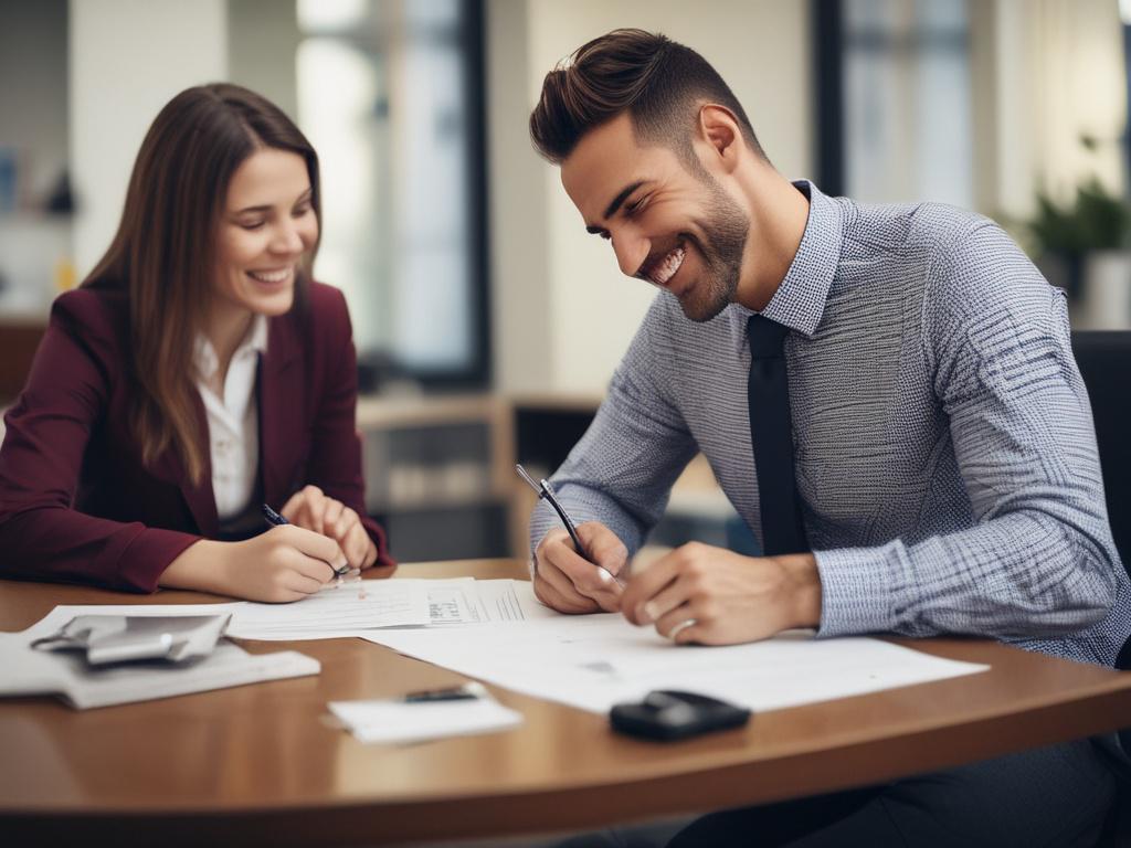 A close-up of a smiling tenant signing a rental agreement in a welcoming office environment. The image captures the moment of joy and satisfaction, highlighting the professional interaction between the tenant and property manager. The background is softly blurred, emphasizing the positive atmosphere, shot with a 45mm f/1.2 lens style.