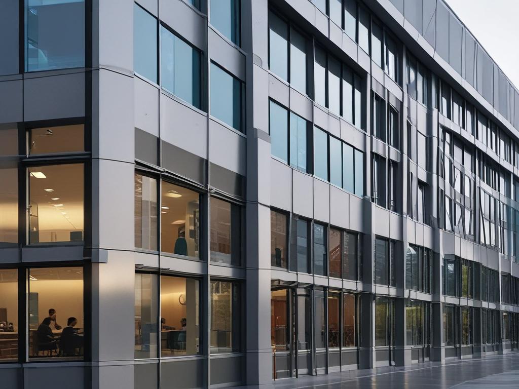 A striking close-up of a modern office building's exterior, highlighting sleek glass windows and architectural details. The image captures the essence of a bustling business environment with subtle reflections of people and activity, creating a dynamic feel. The background is softly blurred, keeping the focus on the building's design, shot with a 45mm f/1.2 lens style.