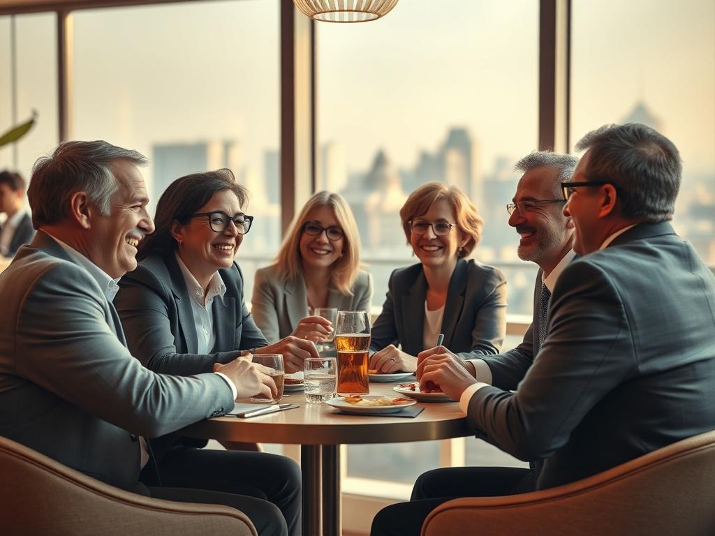 A group of middle-aged business men and women enjoying a lunch hour together. They are seated around a table in a bright, cozy restaurant, laughing and engaging in lively conversation. The atmosphere is warm and inviting, with soft lighting and elegant decor. The background includes a window showcasing a serene view of the cityscape. The individuals are dressed in professional attire, radiating camaraderie and professionalism.