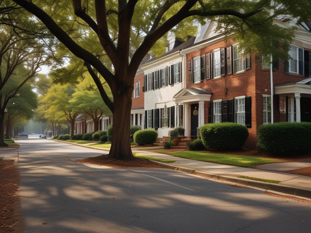 A close-up shot of a charming neighborhood street in Charlotte, NC, showcasing a mix of historic and modern architecture. The focus is on a quaint tree-lined street with vibrant flowers and well-maintained homes. The sun casts a warm golden hue, enhancing the Southern charm of the area. The background features a clear blue sky, emphasizing the inviting atmosphere of the neighborhood.