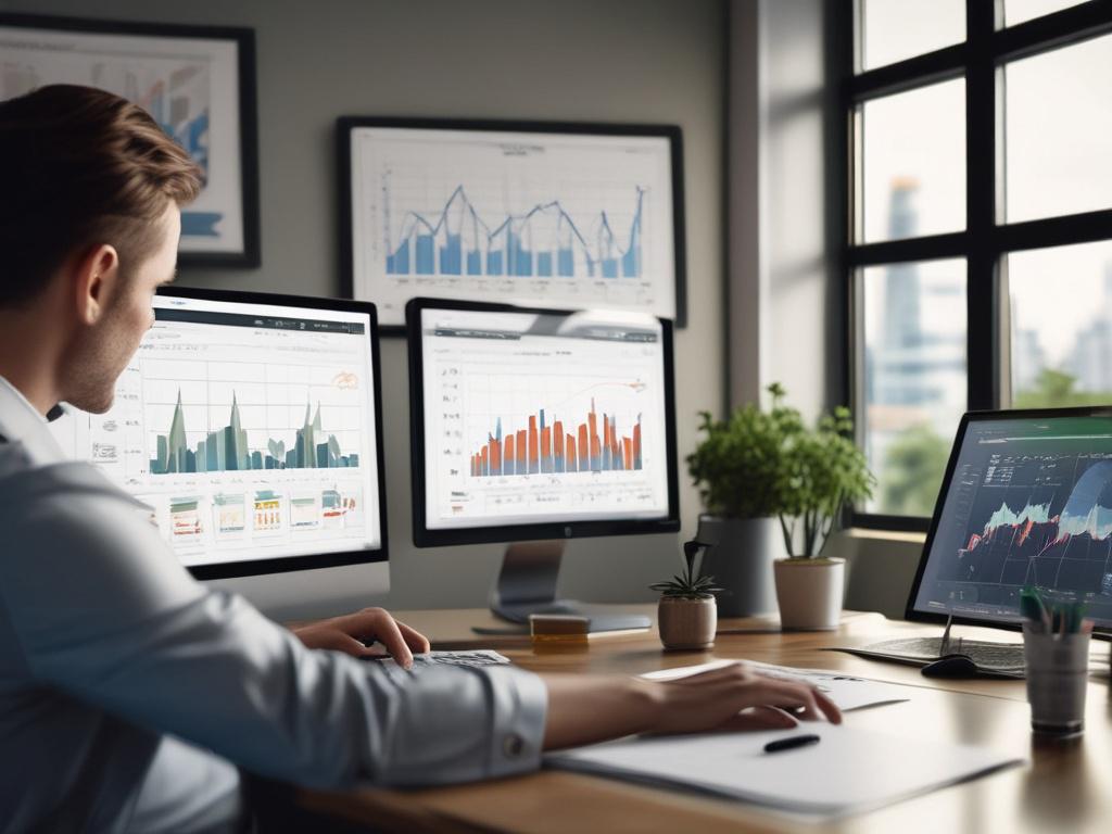 A close-up shot of a real estate agent reviewing market trends on a laptop, with graphs and charts displayed on the screen. The setting is a modern home office with stylish decor, showcasing a blend of professionalism and comfort. Natural light filters through a nearby window, creating an inviting workspace atmosphere.