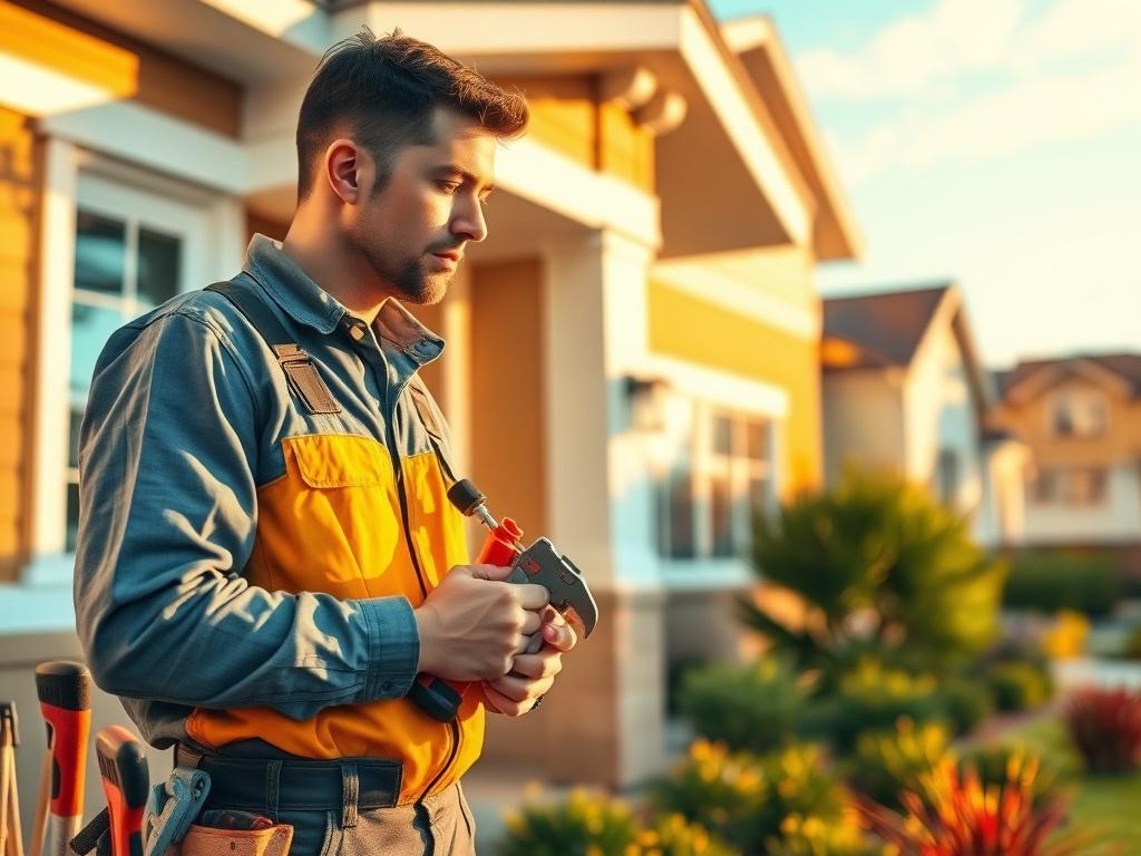 A professional maintenance technician inspecting a rental property, equipped with tools in hand. The setting showcases a well-kept exterior of a property, with vibrant landscaping and clear blue skies. The technician looks focused and diligent, embodying professionalism in property management.