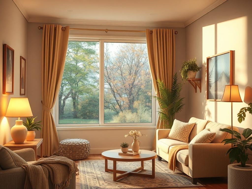 A cozy living room setting with a welcoming atmosphere, featuring a comfortable sofa, soft lighting, and a warm, inviting color palette. A window shows a serene view of trees outside, enhancing the peaceful ambiance. The room is beautifully decorated, showcasing elements of home comfort and warmth.