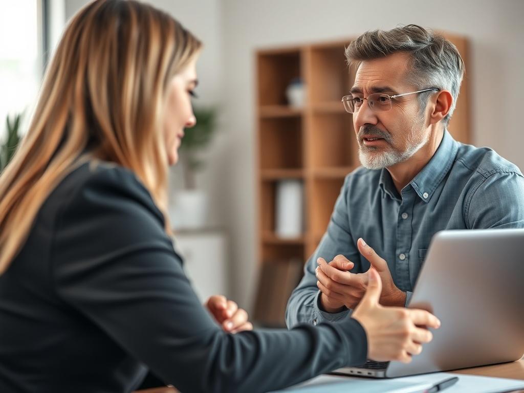 A close-up shot of a friendly property manager discussing eviction details with a concerned tenant
