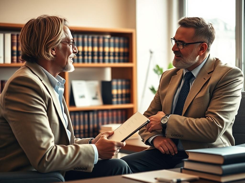 A confident legal advisor discussing property regulations with a property owner in a bright, professional office. The background features legal books and documents, symbolizing expertise and knowledge. The atmosphere is collaborative and reassuring, highlighting the importance of legal support in property management.