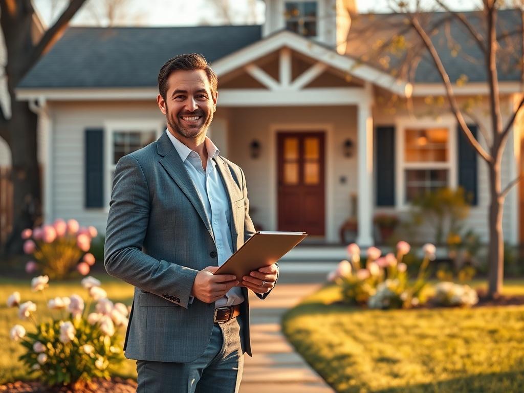 A realistic high-resolution photo of a confident property manager standing in front of a charming rental home. The property manager is smiling, dressed in professional attire, and holding a clipboard. The background features a well-maintained yard with blooming flowers and soft golden sunlight illuminating the scene, creating a warm and inviting atmosphere.