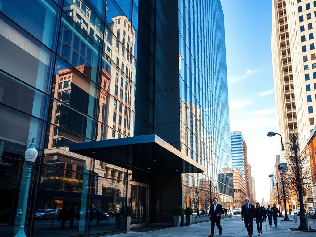 A high-resolution image featuring a sleek, modern commercial building in Charlotte, with a focus on its glass facade and professional entrance. The photo should convey a sense of activity, with people walking nearby, showcasing a bustling business district. The lighting should reflect a vibrant, sunny day, enhancing the appeal of the commercial space for potential investors and tenants.