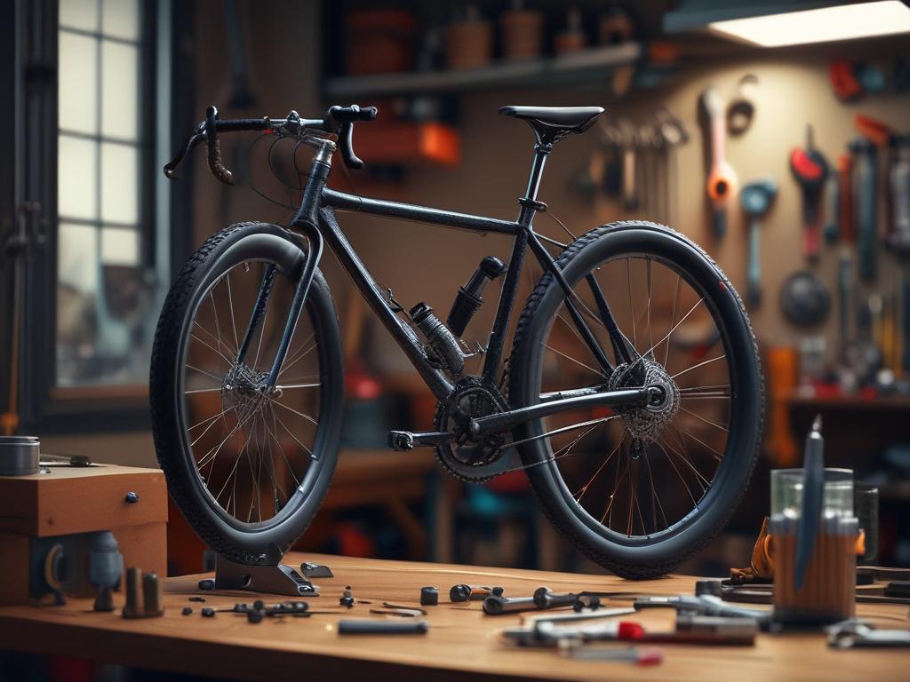 A photorealistic image of a carbon bicycle being repaired in