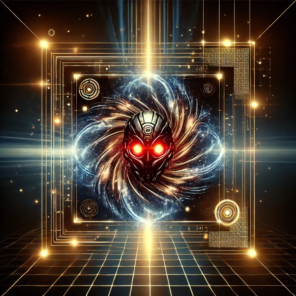 dall·e 2025-01-07 19.27.16 - a square version of the futuristic 'vortex ai' illustration, focusing on the glowing central vortex and the menacing robot with glowing red eyes in th.webp