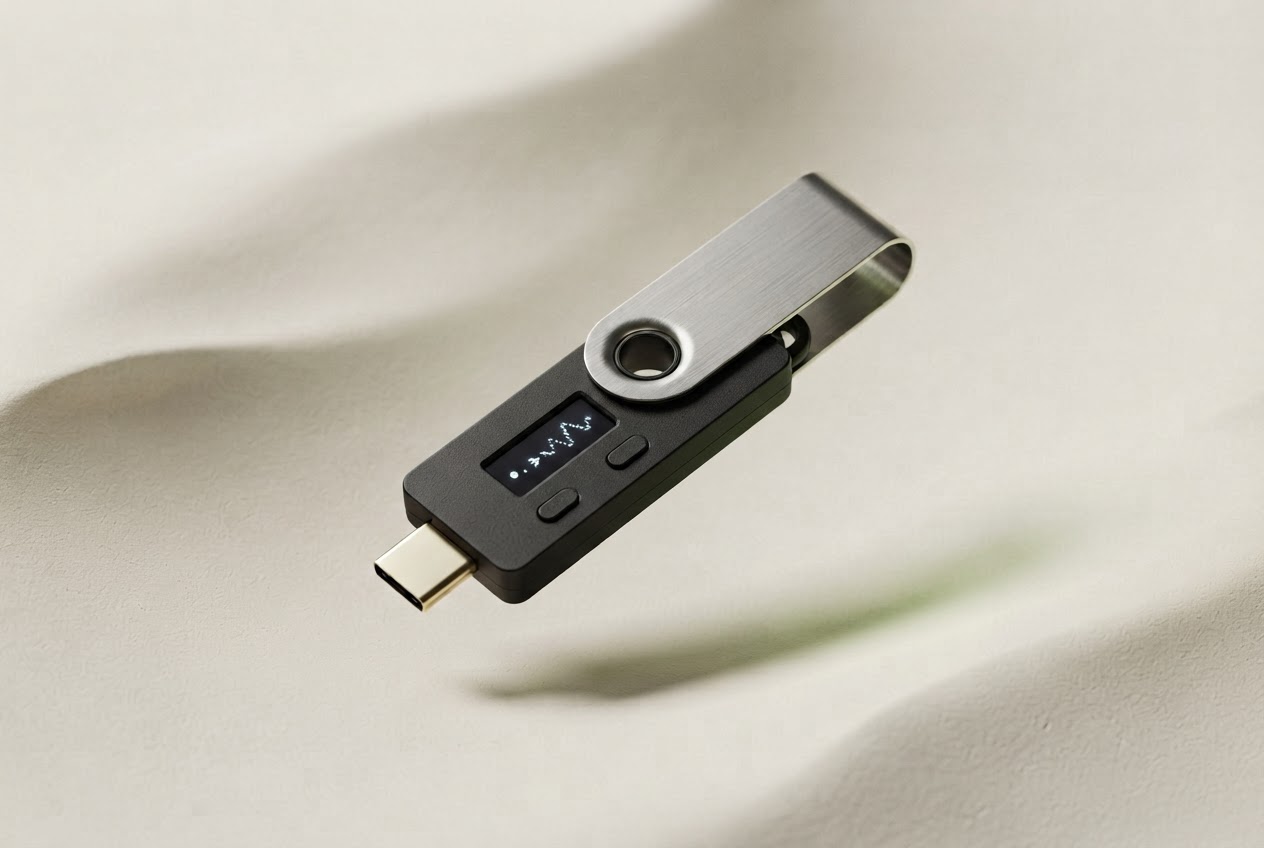 A hardware wallet device in a softly lit studio setting