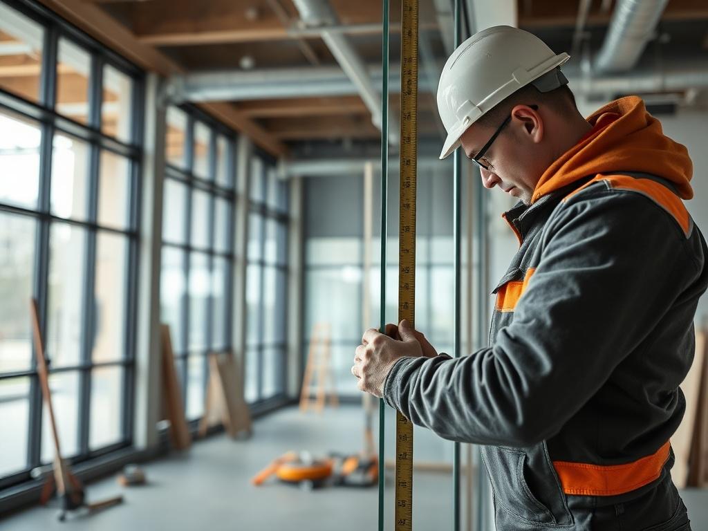 A professional installer carefully measuring and fitting a large glass