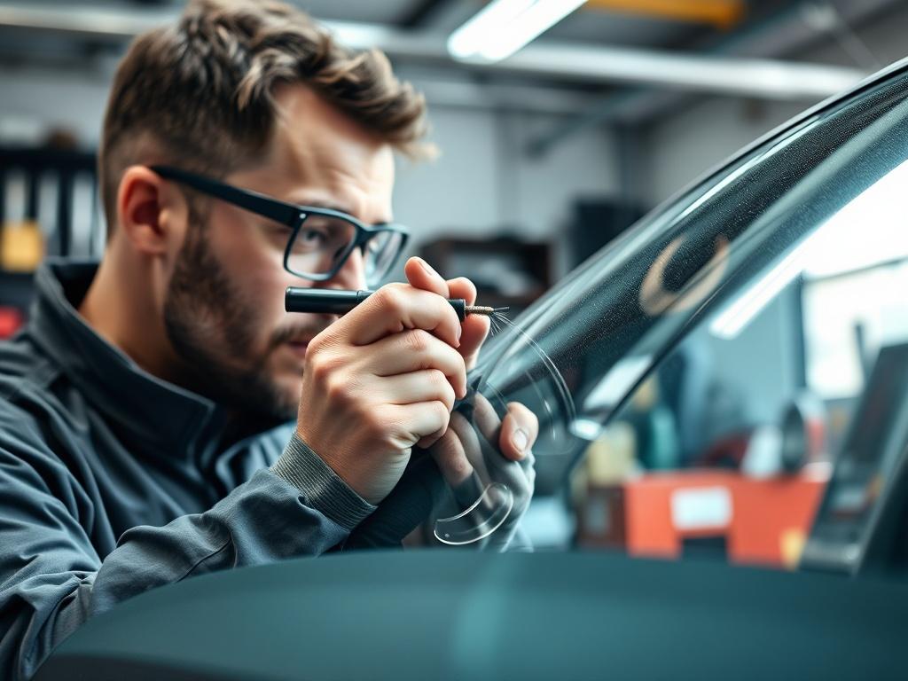 A close-up shot of a technician performing a windshield repair on a car. The technician is using specialized tools to fix a small crack, demonstrating care and precision. The background shows the interior of a well-equipped garage, filled with tools and equipment. The lighting emphasizes the clarity of the repair process and the technician's expertise. The image is captured with a 45mm f/1.2 lens style to highlight the details of the glass and the repair work.