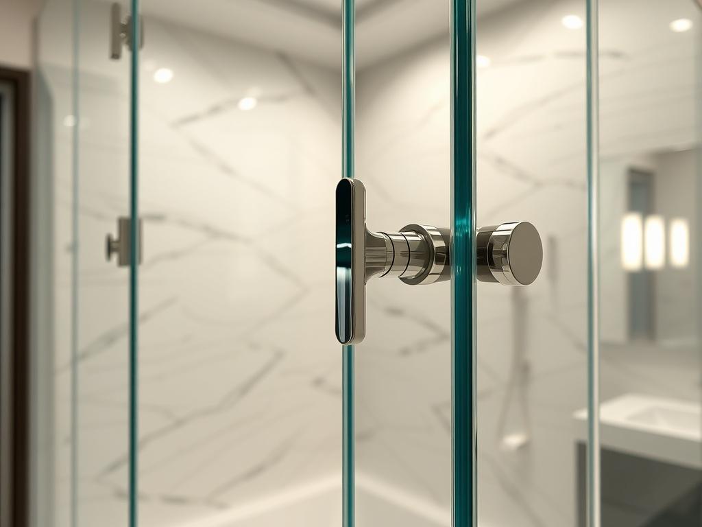 A close-up shot of a stunning custom shower glass enclosure, showcasing sleek, modern design with clear glass panels and elegant hardware. The background features a beautifully designed bathroom with contemporary tiles and a minimalist aesthetic. The lighting highlights the clarity and shine of the glass, creating an inviting atmosphere. The image is shot with a 45mm f/1.2 lens style, emphasizing the intricate details of the glass installation.