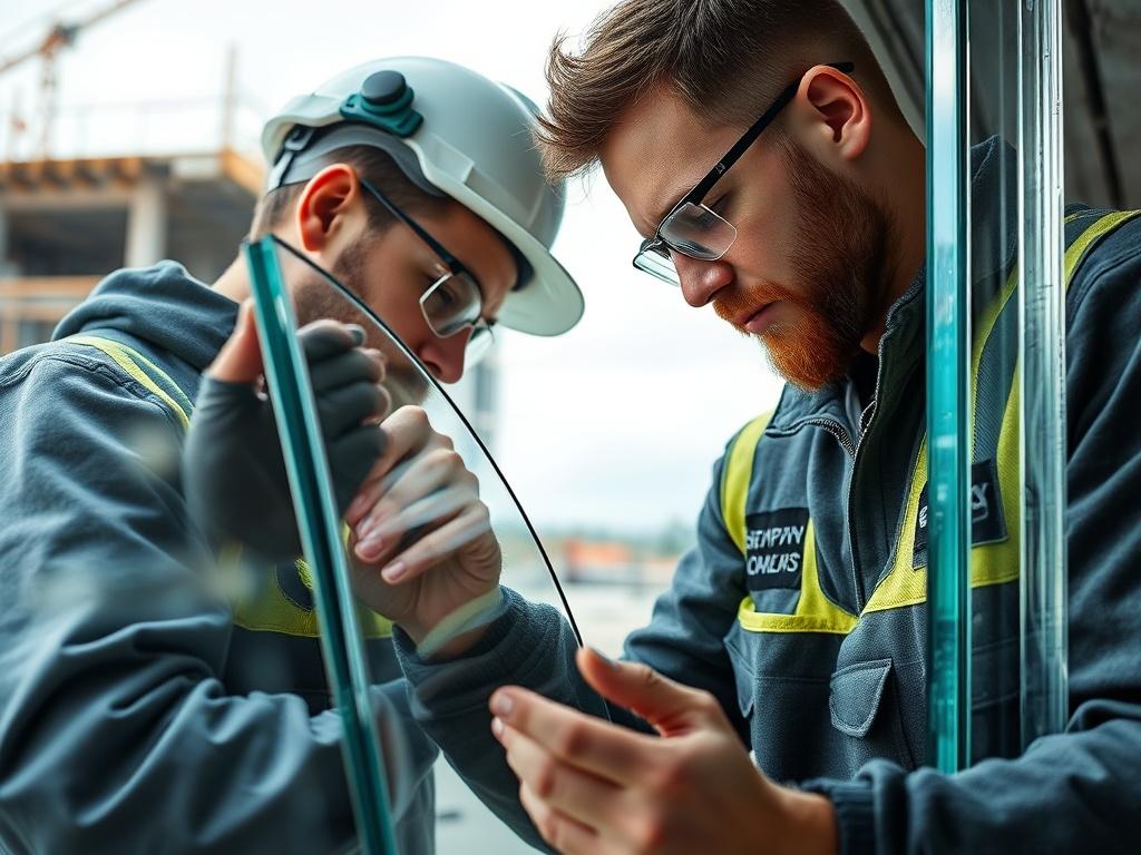A close-up shot of a professional installing glass panels in a modern architectural setting. The technician is focused on precision, carefully placing the glass with the help of specialized tools. The background shows a construction site with partially built structures, emphasizing the high-quality workmanship. The image captures the details of the glass and installation process, shot with a 45mm f/1.2 lens style to bring out the texture and clarity of the materials.