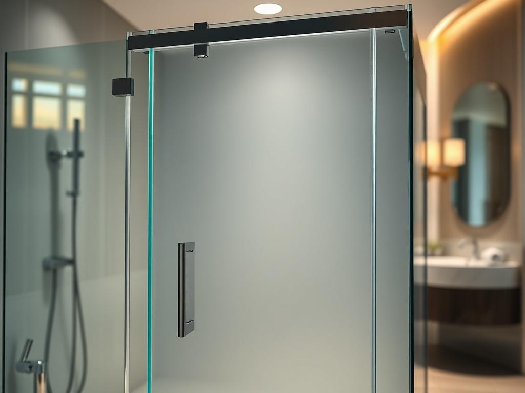 A close-up shot of a beautifully designed glass shower enclosure installed in a modern bathroom, featuring clear and frosted glass panels. The background showcases elegant bathroom fixtures and soft lighting, creating a luxurious ambiance. The image should have a hyper-realistic quality and be captured with a 45mm f/1.2 lens, highlighting the clarity and craftsmanship of the glass.