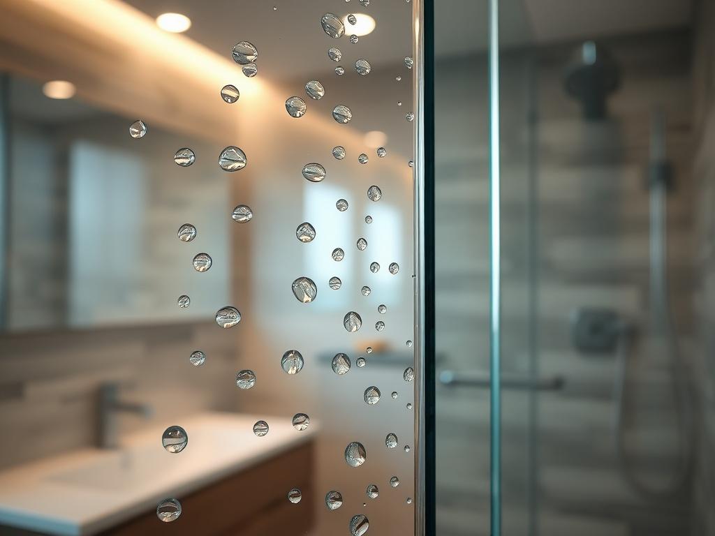 A beautifully designed custom shower glass enclosure showcasing a sleek, frameless design. The image focuses on the clear glass with water droplets, reflecting light elegantly. The background features a modern bathroom with stylish tiles and soft lighting, creating an inviting atmosphere. The shower enclosure is the centerpiece, emphasizing its craftsmanship and quality. The shot captures intricate details of the glass edges and hardware. Ideal for demonstrating luxury and functionality in a contemporary ba
