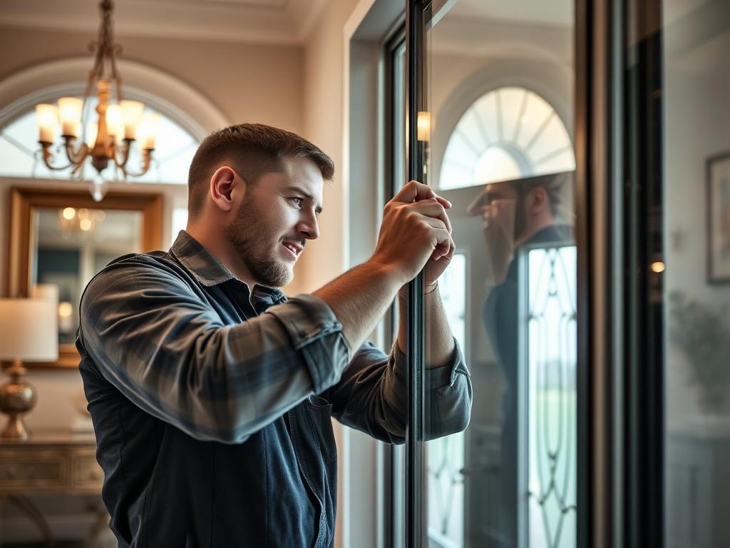 A skilled technician performing an expert installation of a glass door in a residential setting. The image captures the technician carefully positioning the heavy glass while using precise tools. The background shows a well-lit entryway with elegant decor, emphasizing the aesthetic enhancement of the glass installation. The focus is on the technician's concentration, showcasing professionalism and attention to detail. This shot reflects the craftsmanship and expertise Shaw Glass brings to every installation
