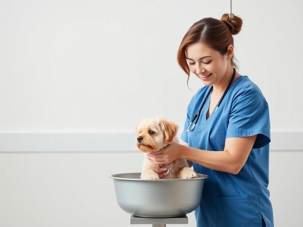 A middle-aged woman with brown hair, wearing blue scrubs, gently bathing a small dog in a grooming salon setting. The background features clean lines and a minimalistic design with soft colors. The focus is on the woman and the dog, highlighting the compassionate care and attention given to the pet during grooming.