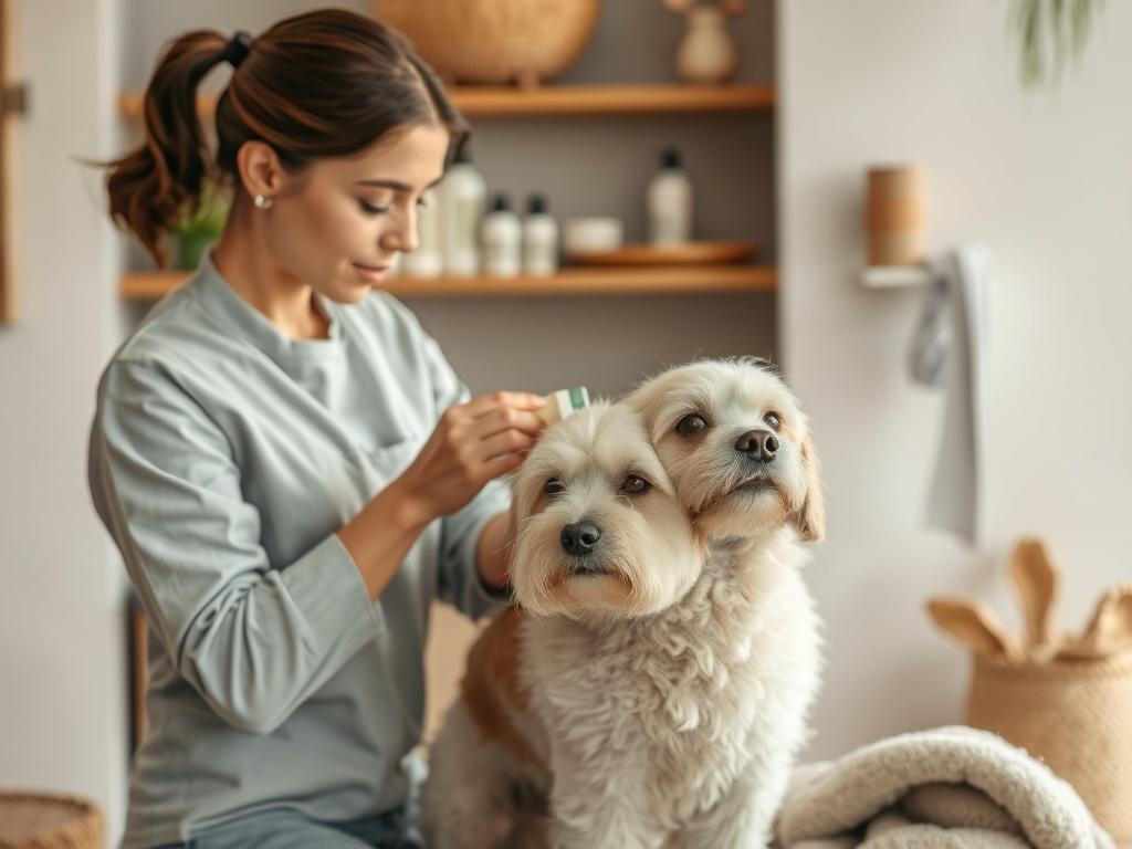 A groomer applying a soothing treatment to a dog's coat