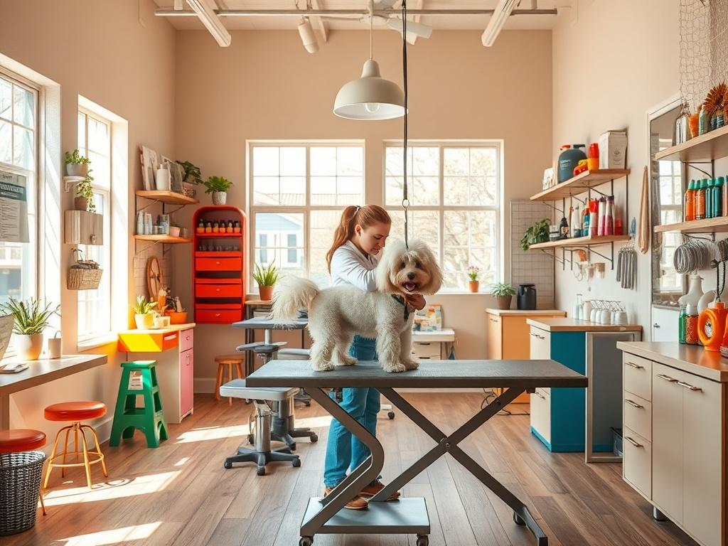 An interior view of a stylish grooming salon with a