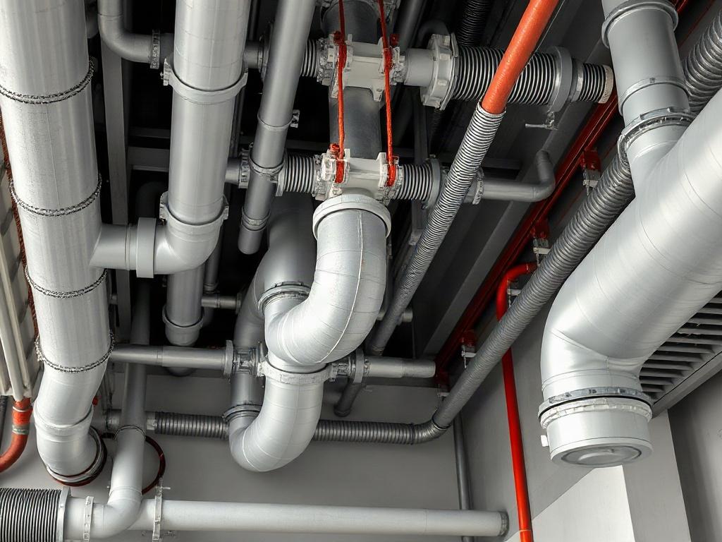 Realistic high-resolution photo of a modern architectural installation, showcasing pipes, sprinklers, and ventilation systems. The composition should focus on a close-up shot of the intricate details of the installation, highlighting the materials and craftsmanship. The background should be neutral to emphasize the installation work, with a clean and organized appearance. The image should be vibrant, reflecting the primary color rgb(50, 170, 39).