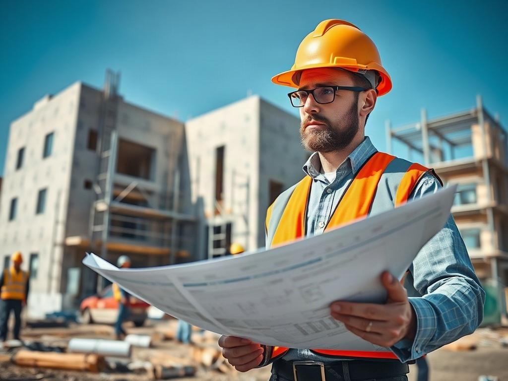 A realistic high-resolution photo of an architect overseeing construction work on-site, focusing on a modern building structure. The architect is wearing a hard hat and holding blueprints, surrounded by construction workers and building materials. The background should show partially completed walls and scaffolding, with a clear blue sky above. The image should be shot in hyper-realistic style with a close-up composition using a 45mm f/1.2 lens.