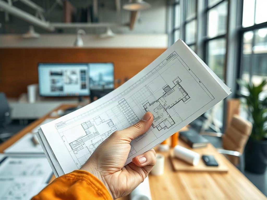 A close-up shot of an architect's hand holding blueprints, with a modern office background. The setting should be bright and professional, showcasing elements like a large drafting table, architectural models, and a computer with design software open. The focus should be on the blueprints, highlighting precise details, with a soft bokeh effect in the background to emphasize the hand and blueprints.