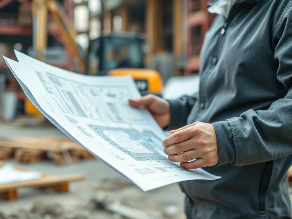 A hyper-realistic close-up shot of an architect inspecting blueprints at a construction site, showcasing detailed plans and construction materials in the background. The focus should be on the architect's hands holding the blueprints, with construction machinery subtly blurred in the background. The image should convey professionalism and attention to detail, and the color scheme should align with rgb(50, 170, 39). Shot with a 45mm f/1.2 lens.