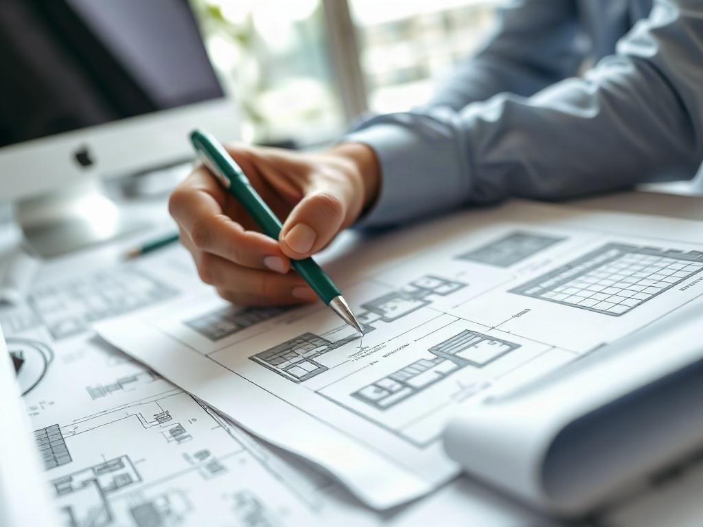A close-up shot of an architect reviewing project documentation on a desk. The scene includes blueprints and architectural plans, with a green pen and a computer in the background. The lighting is bright, emphasizing the details of the documents. The composition is clean and focused, showcasing the careful analysis of architectural designs in a professional environment.
