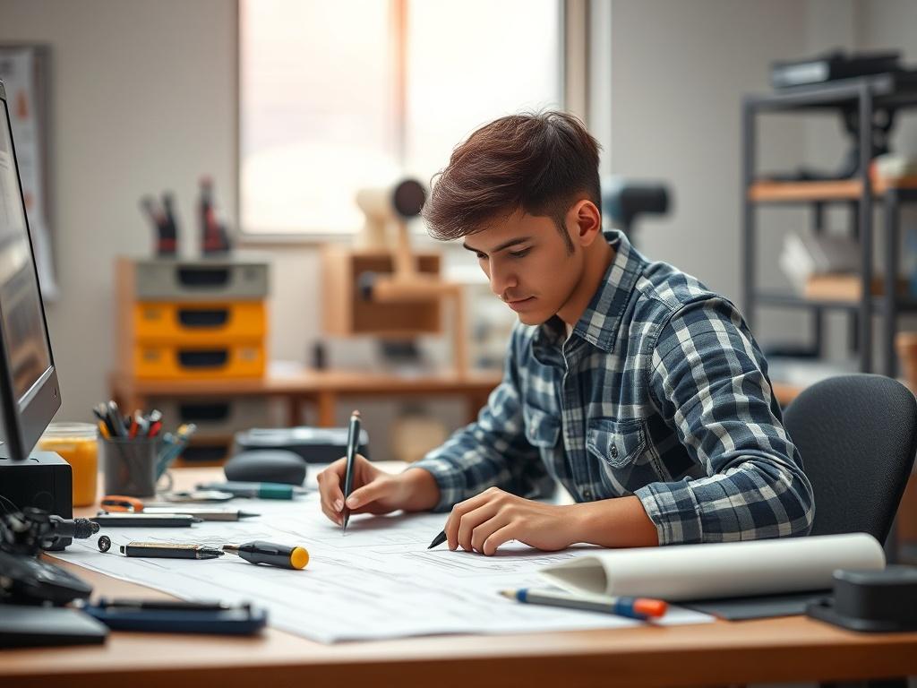 A realistic high-resolution photo of an engineering student working on a project. The student is focused, surrounded by engineering tools and blueprints on a desk. The background is softly blurred to emphasize the subject, with gentle lighting creating a peaceful atmosphere. The color scheme includes soft tones compatible with rgb(50, 170, 39) primary color.