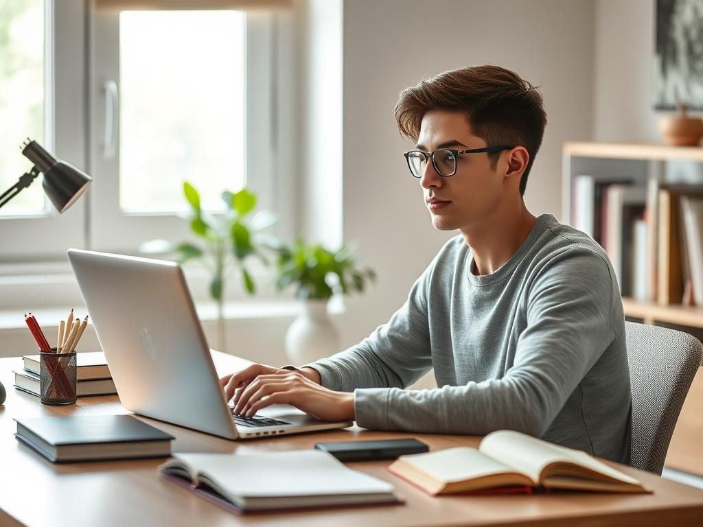 A realistic high-resolution photo of a young adult engaged in an online technology course, sitting at a modern desk with a laptop open, surrounded by books and a digital tablet. The background should be softly lit with a peaceful atmosphere, featuring a hint of greenery in a window to evoke a sense of learning and growth.