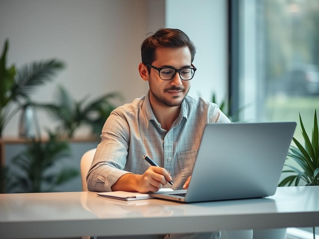 A realistic high-resolution photo depicting a focused adult learner sitting at a modern desk, engaged in an online business course on a laptop. The individual is male, wearing glasses, and taking notes on a notepad. The background features a peaceful workspace with soft lighting and greenery, creating a serene atmosphere. The color palette includes soft tones that harmonize with the primary color rgb(50, 170, 39).