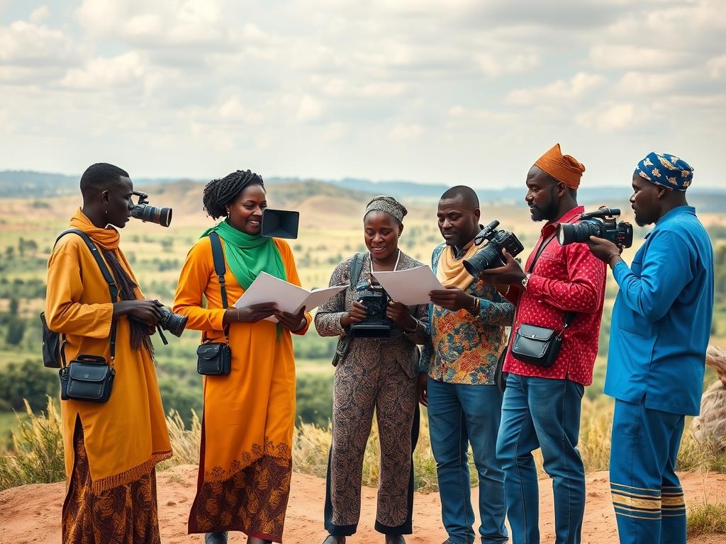 A dynamic image showing a group of filmmakers from different