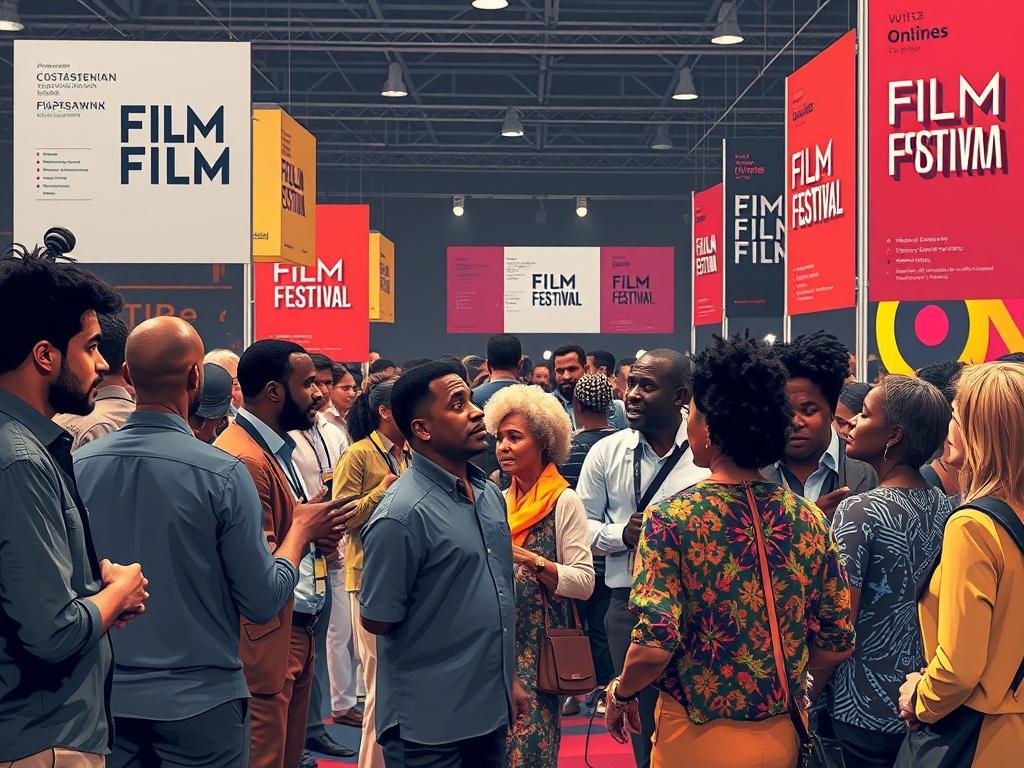 A vibrant film festival scene showing filmmakers and actors networking