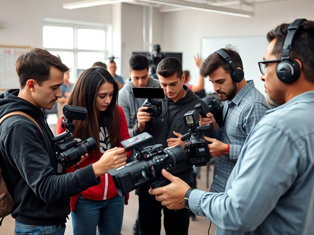 A group of aspiring filmmakers engaged in a training workshop,