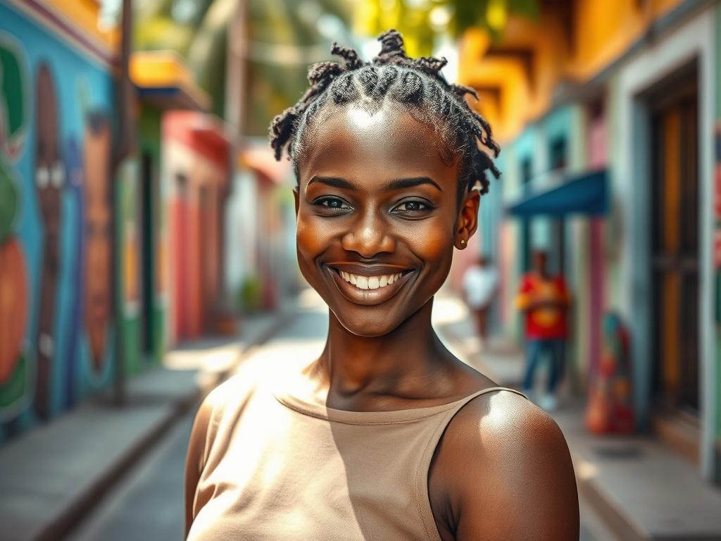 Create a realistic high-resolution photo that embodies the title "Discovering African Talent." The image should feature a single, aspiring African actor or actress, radiating confidence and passion for their art. The subject should be positioned in the foreground, looking directly into the camera with an engaging smile that conveys warmth and determination.

The background should be a soft-focus representation of a vibrant African city street, capturing the essence of urban life with colorful murals and tra