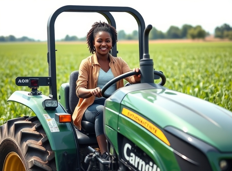 Black woman operating a tractor for sustainable agriculture