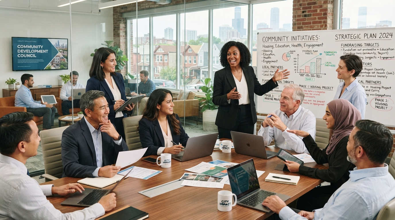 Board of directors and team members collaborating on community initiatives