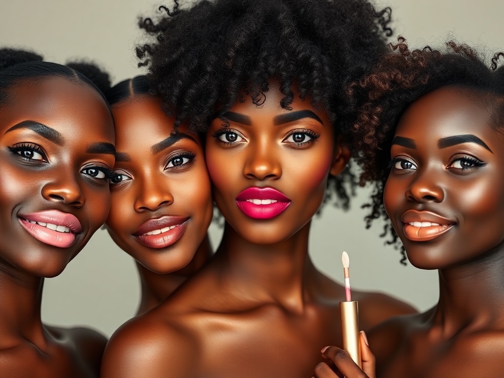 Diverse African American women with Legacy Glam Cosmetics four lip gloss shades