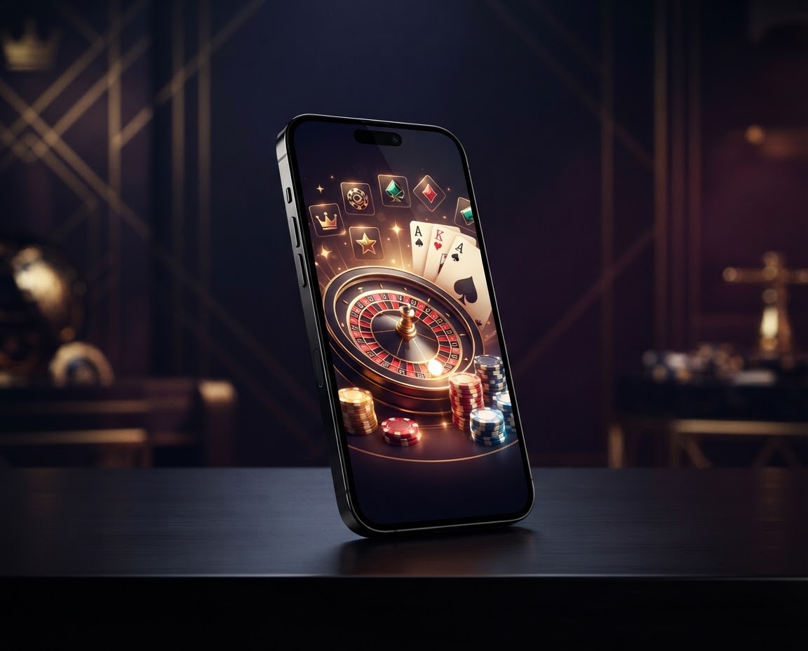 A smartphone displaying a colorful casino game interface