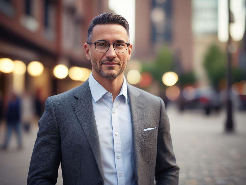 A realistic high-resolution close-up photo of a confident professional leader, mid-30s, with a warm and thoughtful expression. The background is softly blurred urban office environment with natural light. Shot with a 45mm f/1.2 lens style, focusing on the subject's face, highlighting emotional intelligence and authenticity. The image color tones harmonize with rgb(243, 153, 62).
