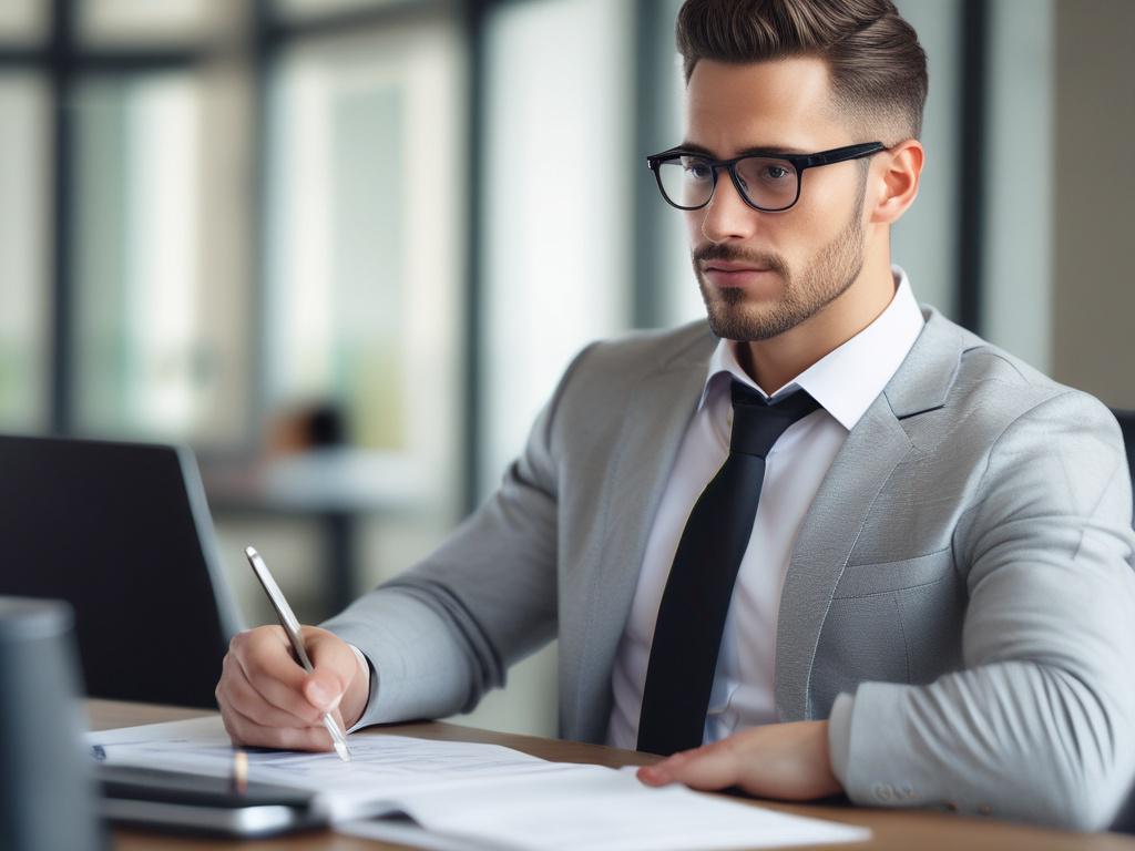 A realistic high-resolution close-up photo of a thoughtful finance professional, early 30s, in a business casual outfit, reviewing reports in a bright, modern office space. The background is softly blurred with hints of financial charts. Shot with a 45mm f/1.2 lens style, capturing focus and clarity. The image color tones integrate well with rgb(243, 153, 62).