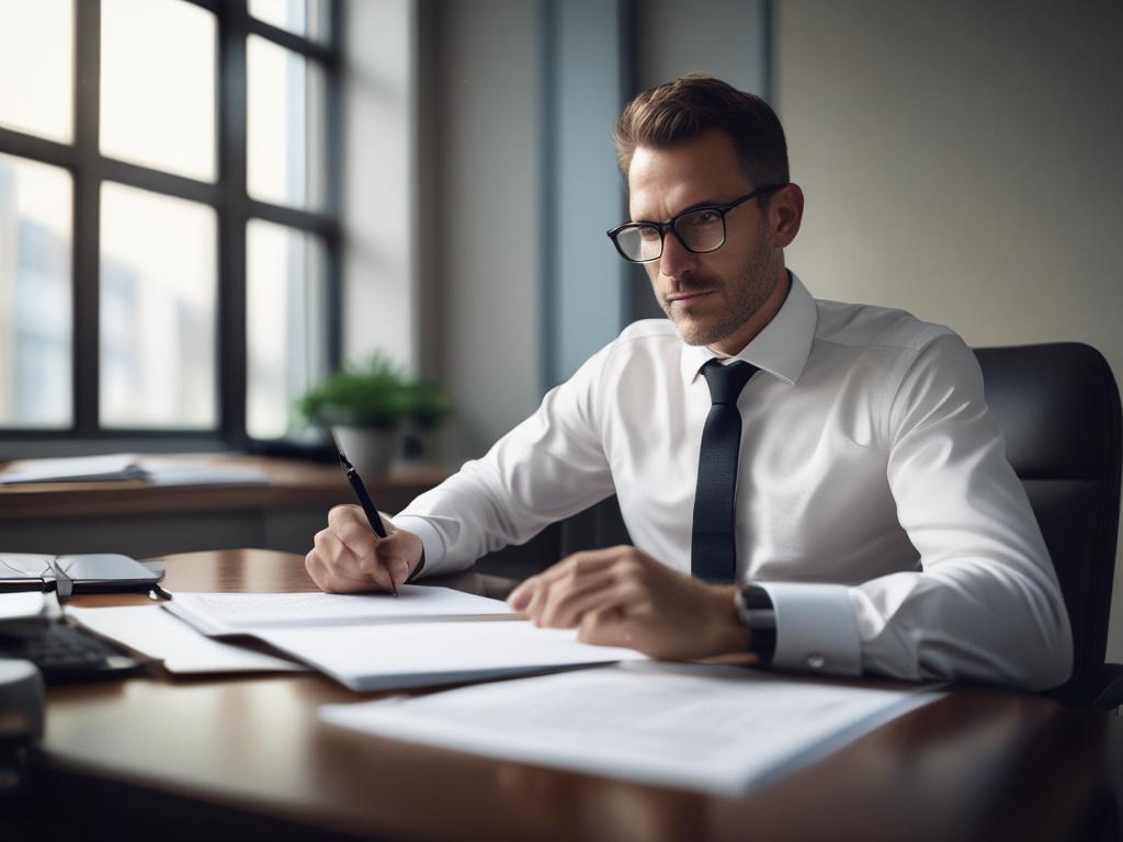 A close-up portrait of a mission-oriented finance manager in their early 30s, thoughtfully reviewing financial reports, captured with a 45mm f/1.2 lens style. The background is a softly focused office environment with warm rgb(243, 153, 62) accents, symbolizing purpose and clarity.