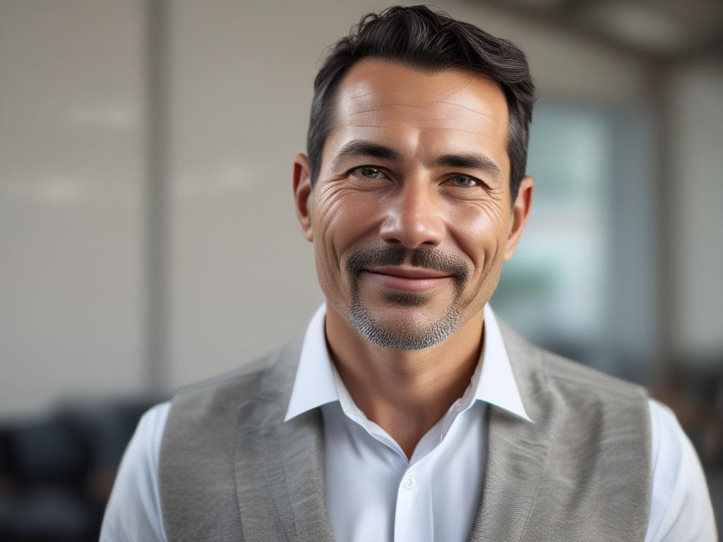 A close-up portrait of a confident, emotionally intelligent leader in their mid-30s, with a calm and thoughtful expression, captured with a 45mm f/1.2 lens style. The background is softly blurred urban office setting with warm tones matching rgb(243, 153, 62), emphasizing authenticity and purpose.