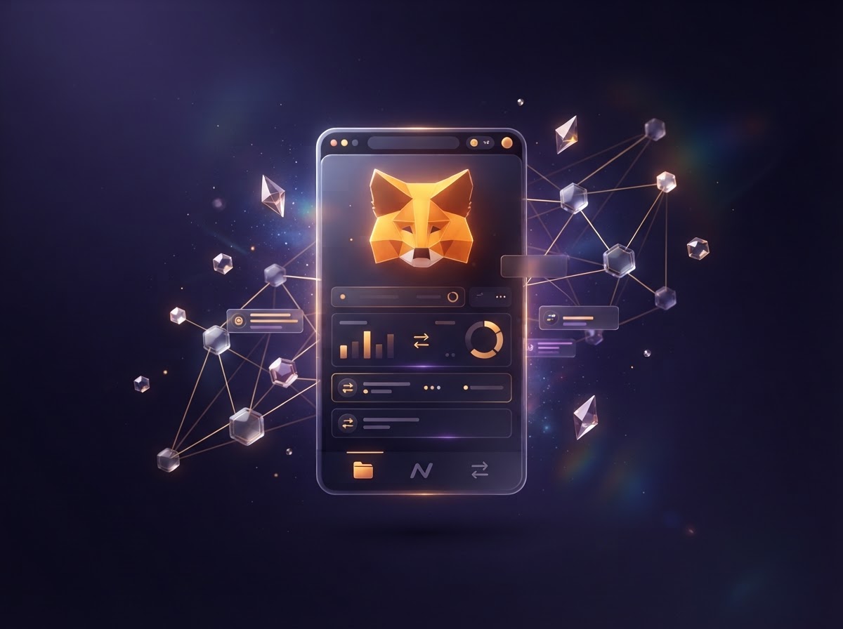 A browser wallet panel surrounded by glowing blockchain-inspired shapes